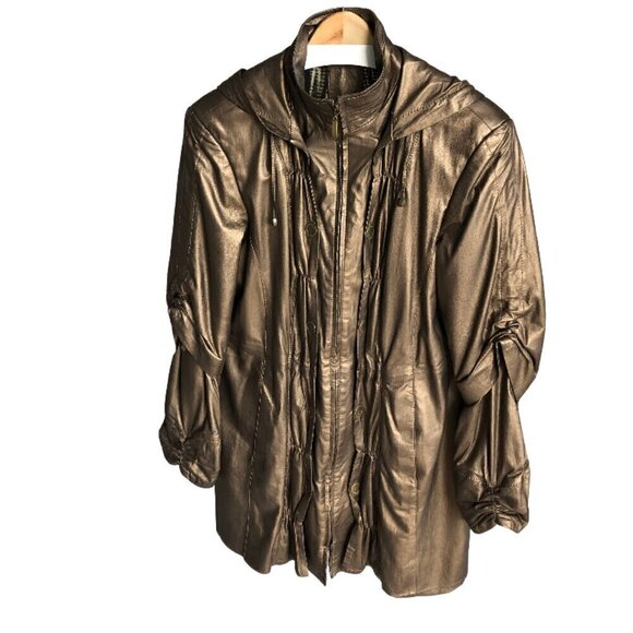 Vintage Roberto Cavalli Bronze Metallic Coat Lamb Leather Hooded Authentic Sz 44 - Picture 1 of 16